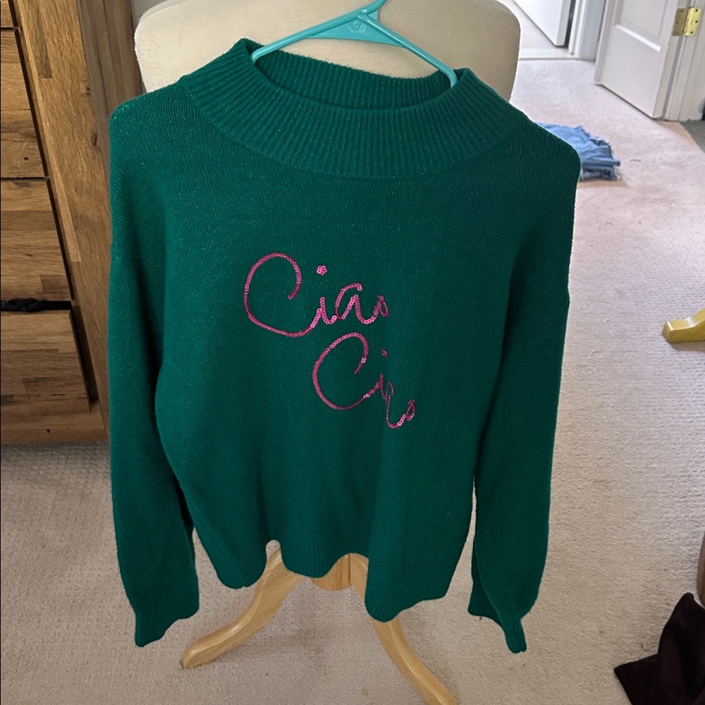 Green Sweater with Pink Embroidery